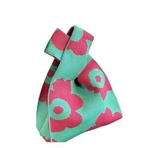 Blue & Pink Wrist Knotted Tote Bag Fashion Crochet Wristlet Handbag